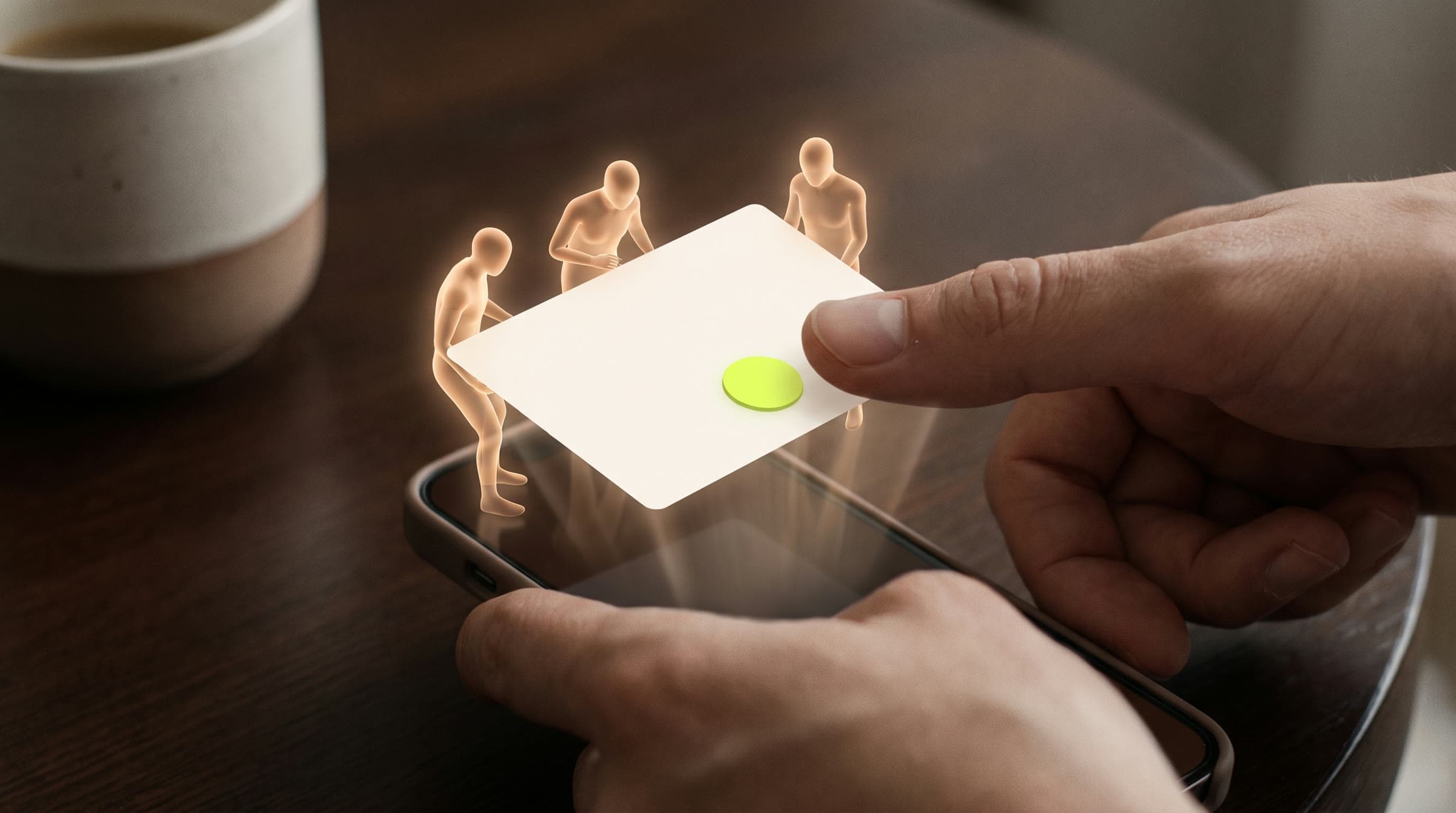 A thumb reaches for a single lime approve button on a card held up by three tiny figures of light rising from a phone.