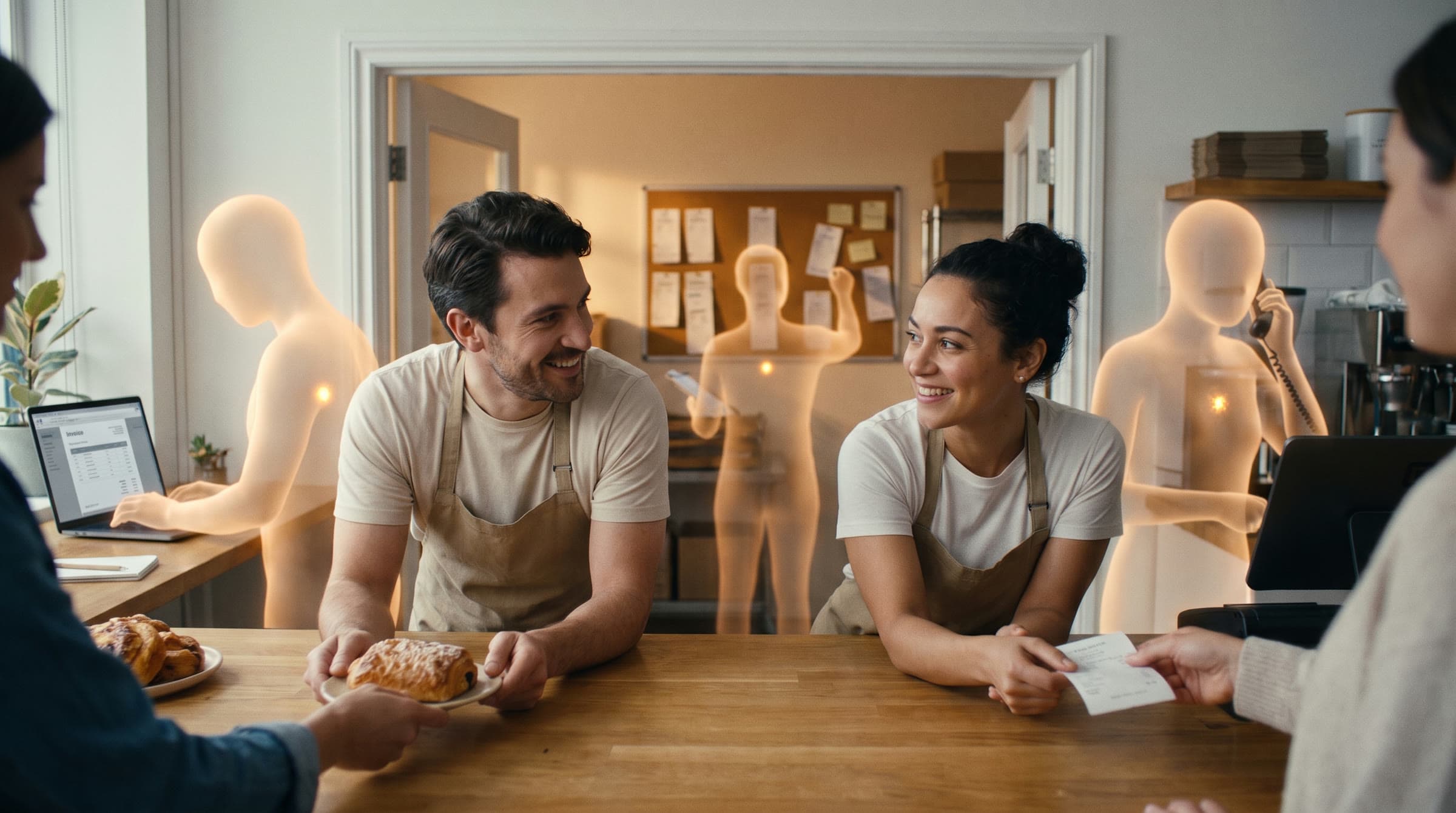 In a small bakery two people serve customers while figures of light, AI agents, handle invoices, orders and calls in the back office.