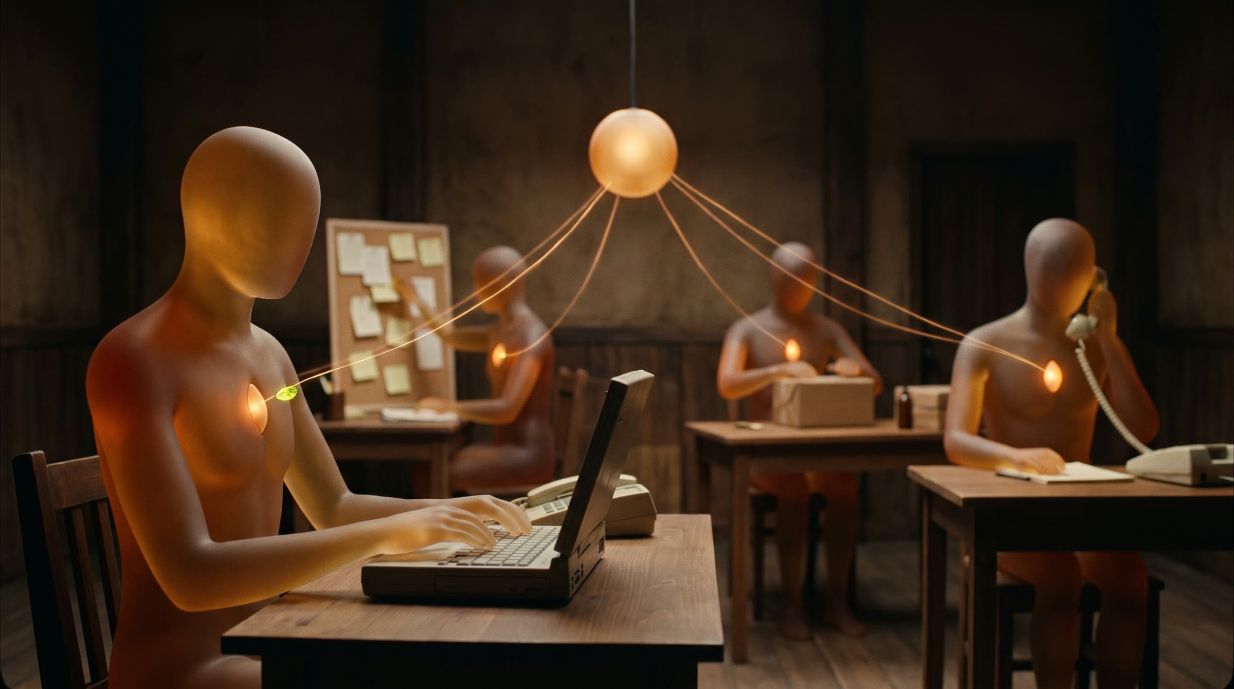 A warm studio office at night where every desk is worked by a glowing figure of light, each an AI agent, all linked by fine threads to one orb above them.